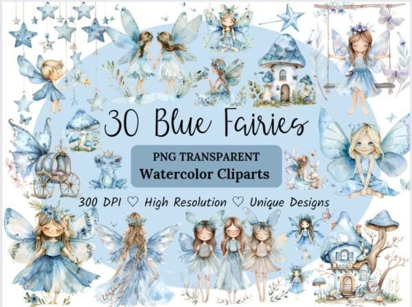 Watercolor Blue Fairy Clipart