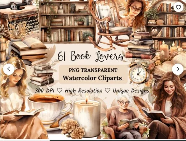 Watercolor Book Lover Clipart