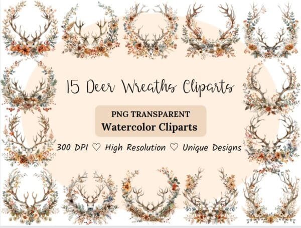 Watercolour Deer Wreath Clipart