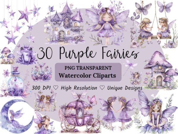 Purple Fairies Watercolor Clipart