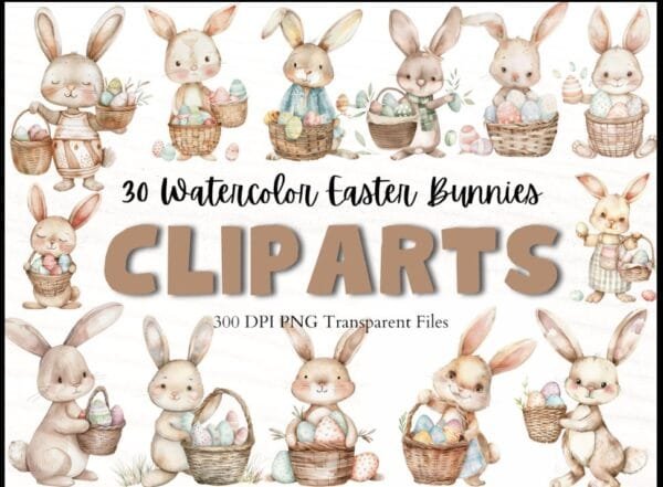 Watercolor Easter Bunnies Clipart