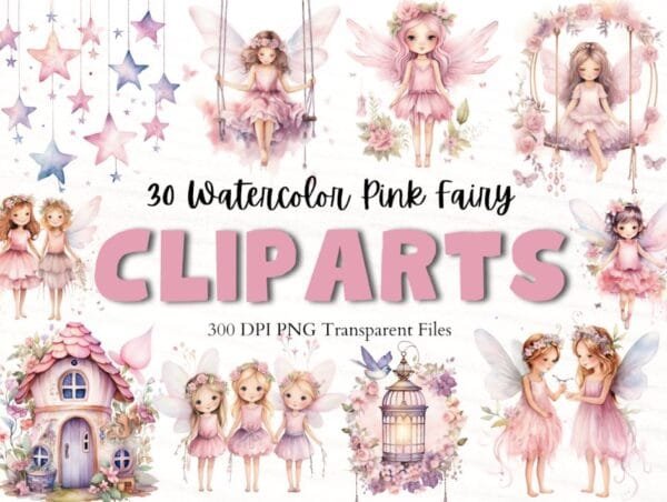 Watercolour Pink Fairy Clipart