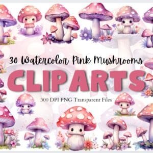 Watercolor Pink Mushrooms Cliparts