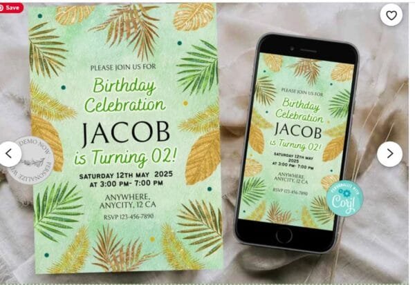 Glitter Tropical Leaves Invitation