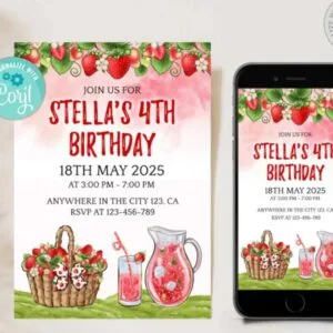 Editable Strawberry Fourth Birthday